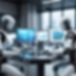 A futuristic workplace with robots and AI technology