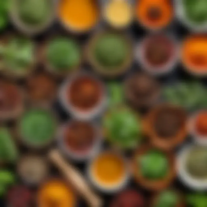 Herbs and spices in small bowls on a textured surface