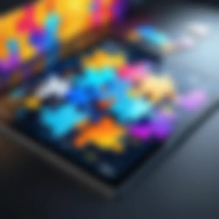 A vibrant digital artwork displayed on a tablet with puzzle pieces around it.