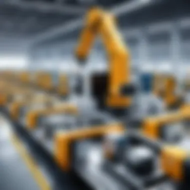 A bustling factory floor showcasing advanced machinery and assembly lines