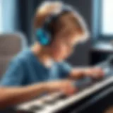Child engrossed in playing a musical instrument demonstrating focus and concentration