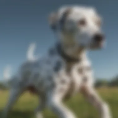 A lively Dalmatian playing in a field