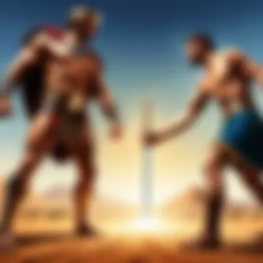 Confrontation of Faith and Power A dramatic depiction of David facing Goliath, symbolizing the clash of power and faith.