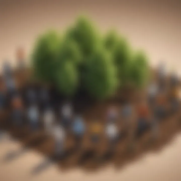 Artistic representation of a diverse group of individuals planting saplings in unison