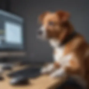 A dog sitting in front of a computer screen during a video editing session