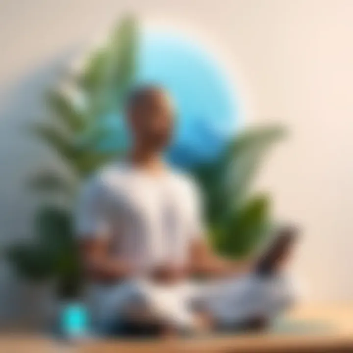 A person meditating with a digital device displaying calming content