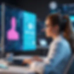 A scientist working on a computer with dating app interface visuals.