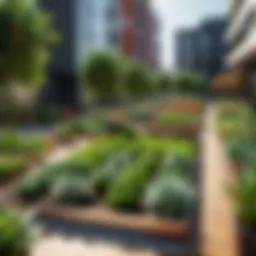 A thriving urban garden showcasing diverse plants and vegetables.
