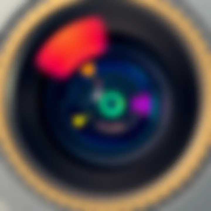 An abstract close-up of a camera lens reflecting vibrant colors