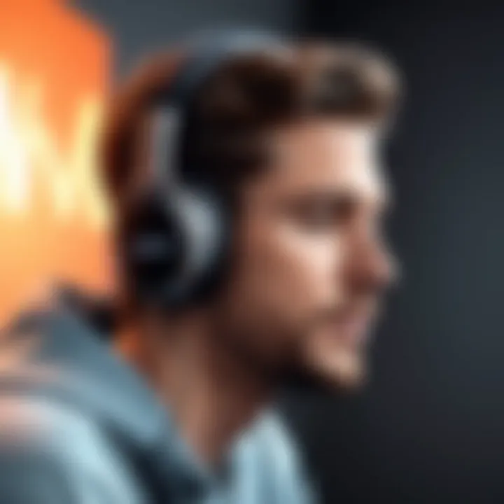 A person engaging with headphones, immersed in a podcast