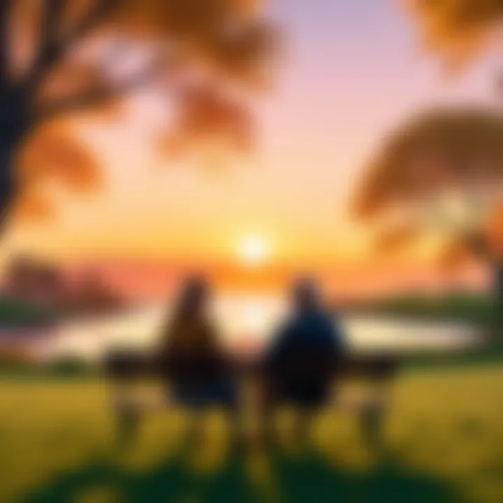 A couple enjoying a sunset together in a peaceful park setting