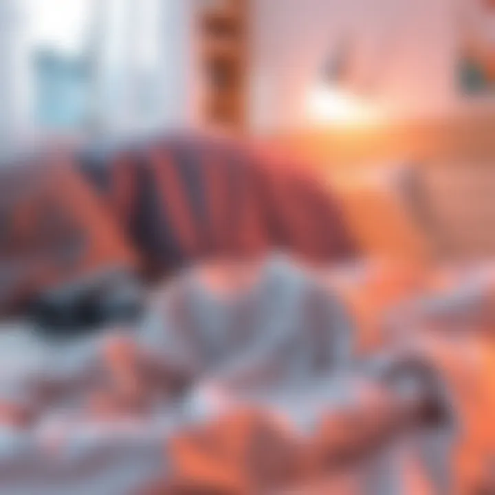 Close-up of a cozy bedroom setup with calming colors and plush bedding.
