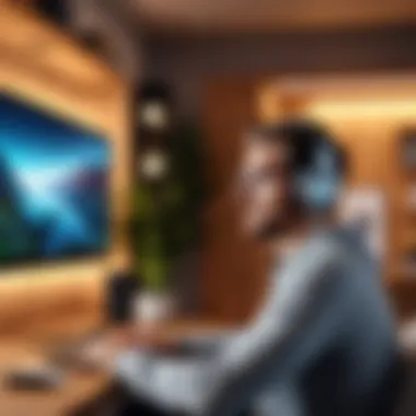 An engaged listener immersed in a podcast, surrounded by a cozy atmosphere