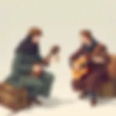 Historical illustration of musicians playing the hurdy gurdy