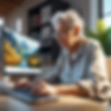 A serene landscape showcasing an elderly person engaging with technology.