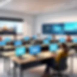 A modern digital classroom featuring students engaging with video content on various devices.