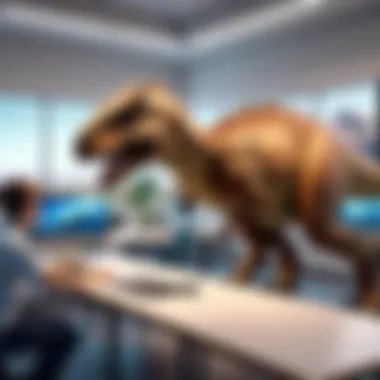 Engaging Learning Experience with Robotic Dinosaurs Students interacting with robotic dinosaurs in a classroom