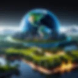 A digital landscape showcasing a blend of natural and urban elements in a virtual environment