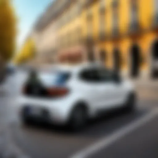 A Zip Car parked in a vibrant urban setting in France, showcasing the convenience of car sharing.