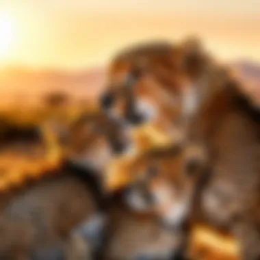 Mother Cheetah Grooming Cubs Mother cheetah tenderly grooming her cubs in the sunset light