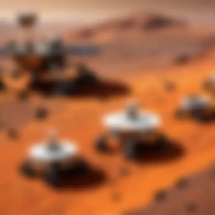 Depiction of various exploration missions to Mars showcasing spacecraft and rovers.