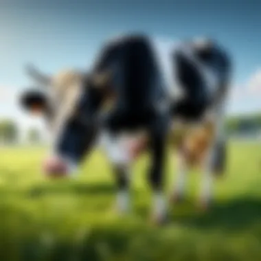 Pastoral scene of a Holstein cow grazing Holstein cow grazing on grass in a lush pasture