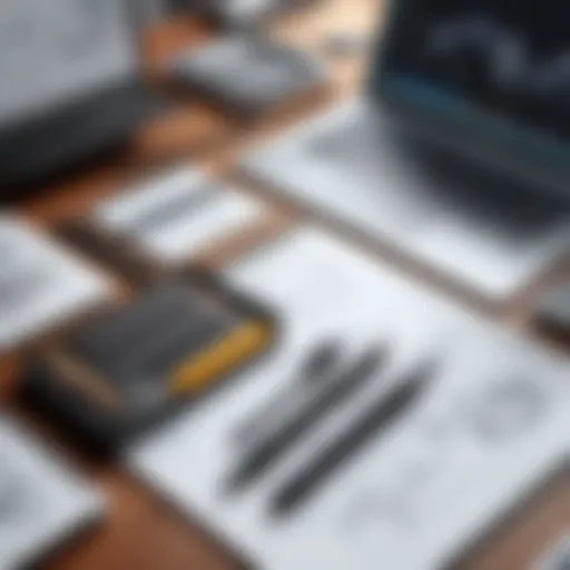 Sketch of various drawing tools arranged neatly on a table