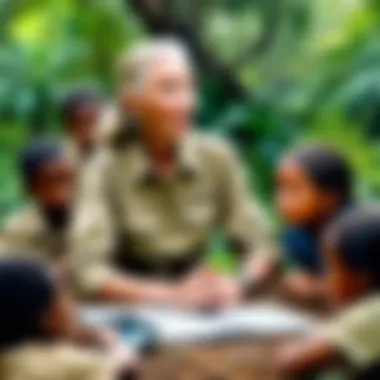 Inspiring the Next Generation of Conservationists Jane Goodall educating a group of children about the importance of wildlife conservation