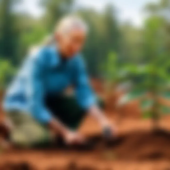 Jane Goodall planting trees in a reforestation project to preserve biodiversity