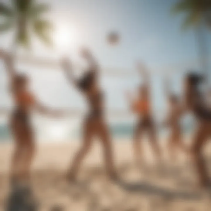 Joyful group playing beach volleyball