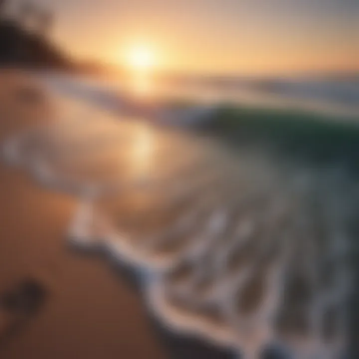 A serene beach at sunset with gentle waves washing ashore