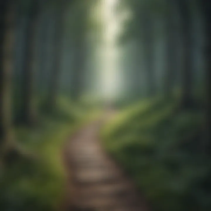 A winding path through a serene forest leading towards a beam of light