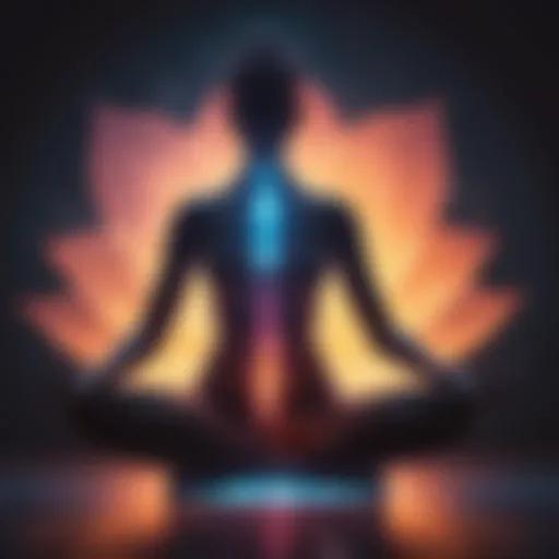 Silhouette figure sitting in lotus position with glowing aura