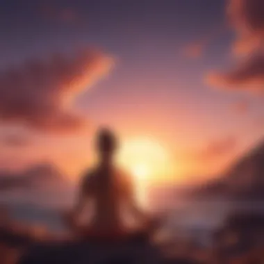 Person meditating under a beautiful sunset sky