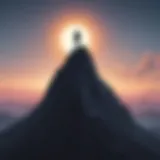 Silhouette of a lone figure standing on a mountain peak at sunrise