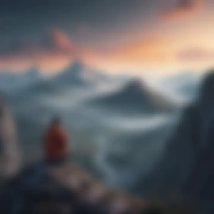 A solitary figure gazing out over a misty mountain landscape