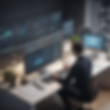 Workplace Productivity Professional working on laptop in modern office setting