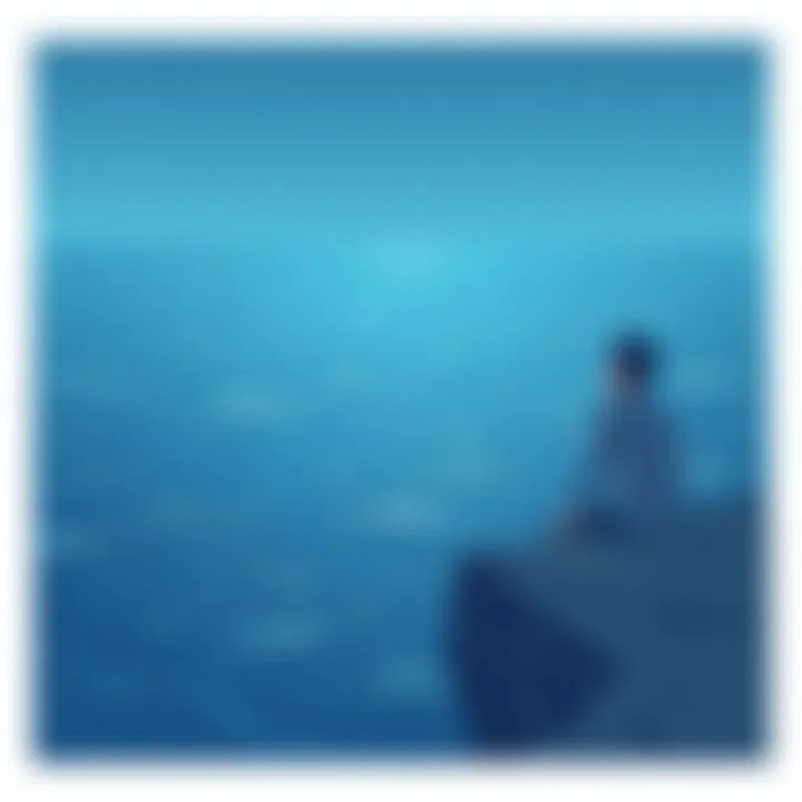 Introspection by the Ocean A contemplative figure sitting on a cliff edge, gazing at a vast ocean, representing introspection and the search for purpose.