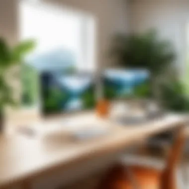 Harmonious Workspace A serene workspace blending nature and technology