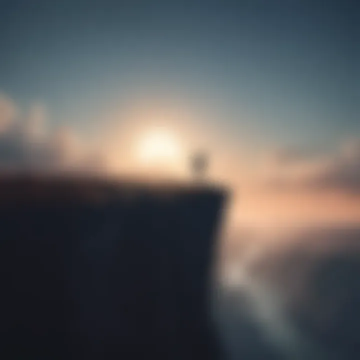 Silhouette of a person standing at the edge of a cliff looking towards the horizon