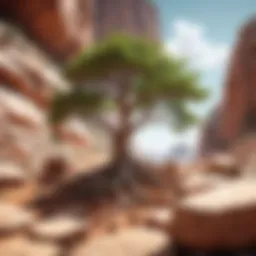 A sturdy tree growing amidst rocky terrain