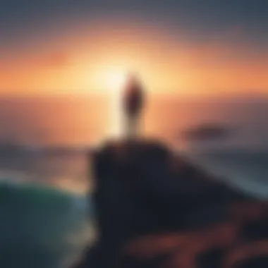 Solitude Serenity Silhouette of a person standing alone on a cliff overlooking the ocean