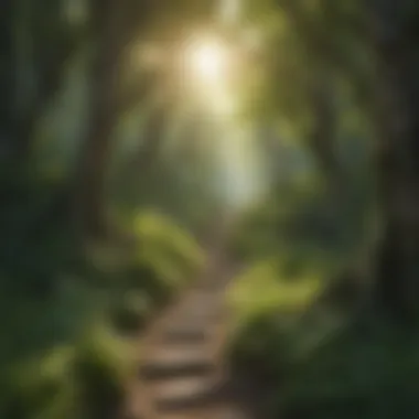 A path winding through a lush forest with sunlight filtering through the trees