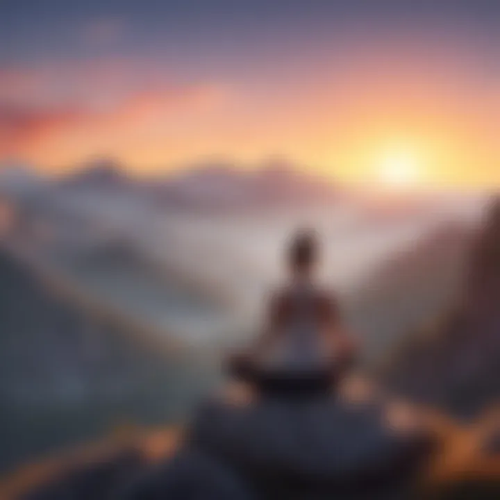 A person practicing yoga on a peaceful mountaintop at sunrise