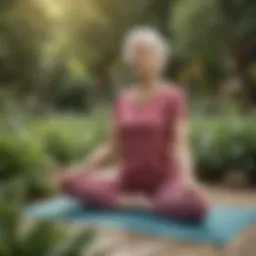 Elderly woman practicing yoga in a serene garden