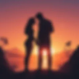 Silhouette of a couple embracing at sunset