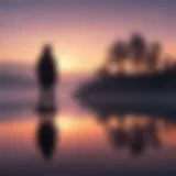 Silhouette of a person looking out at a sunrise over a tranquil lake