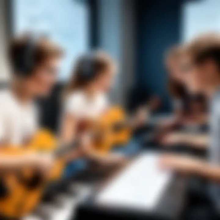 Group of students collaborating in a music class, illustrating social and emotional growth