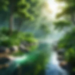 Tranquil nature scene with flowing water and greenery