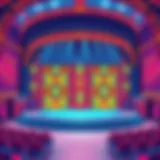 A visually striking stage set with intricate designs and vibrant colors